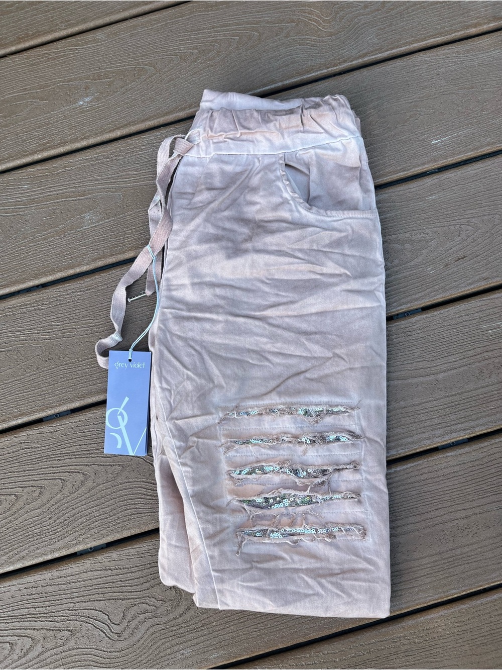 Grey Violet Made in Italy Sequin Lace Patch Distressed Jogger Pants NWT S/M - Picture 5 of 15
